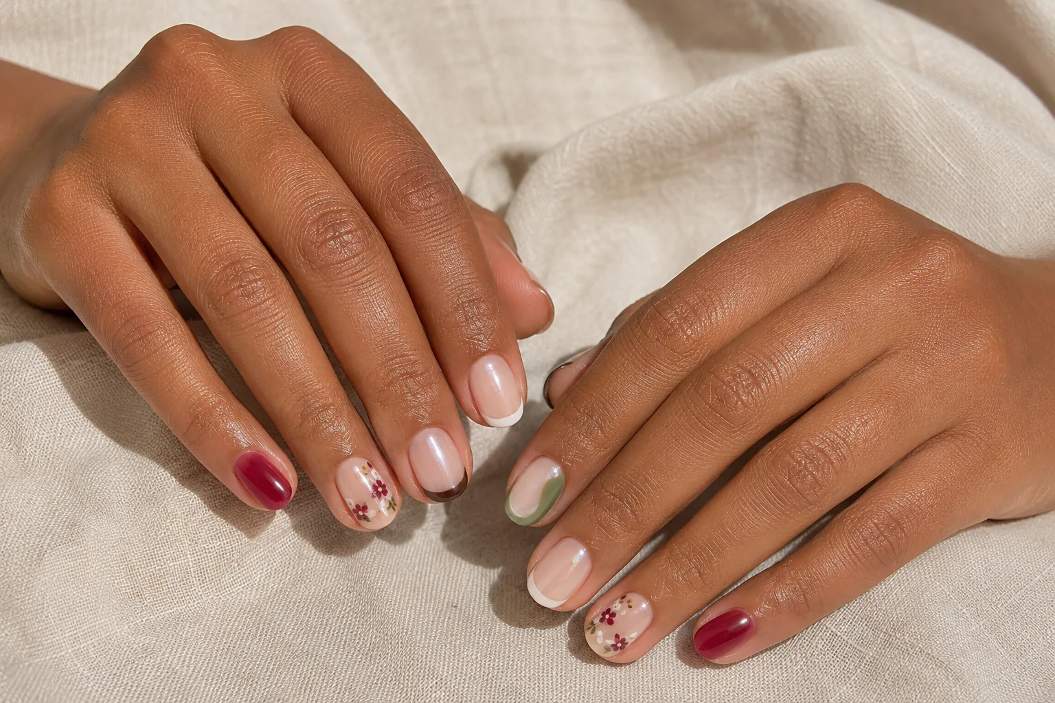 Short nail designs featuring micro-French tips, jelly polish, florals, and pearl finishes