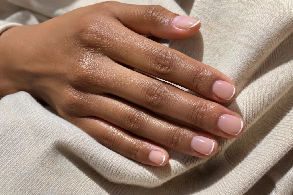 Short nail designs with milky nude polish and thin ivory micro-French tips