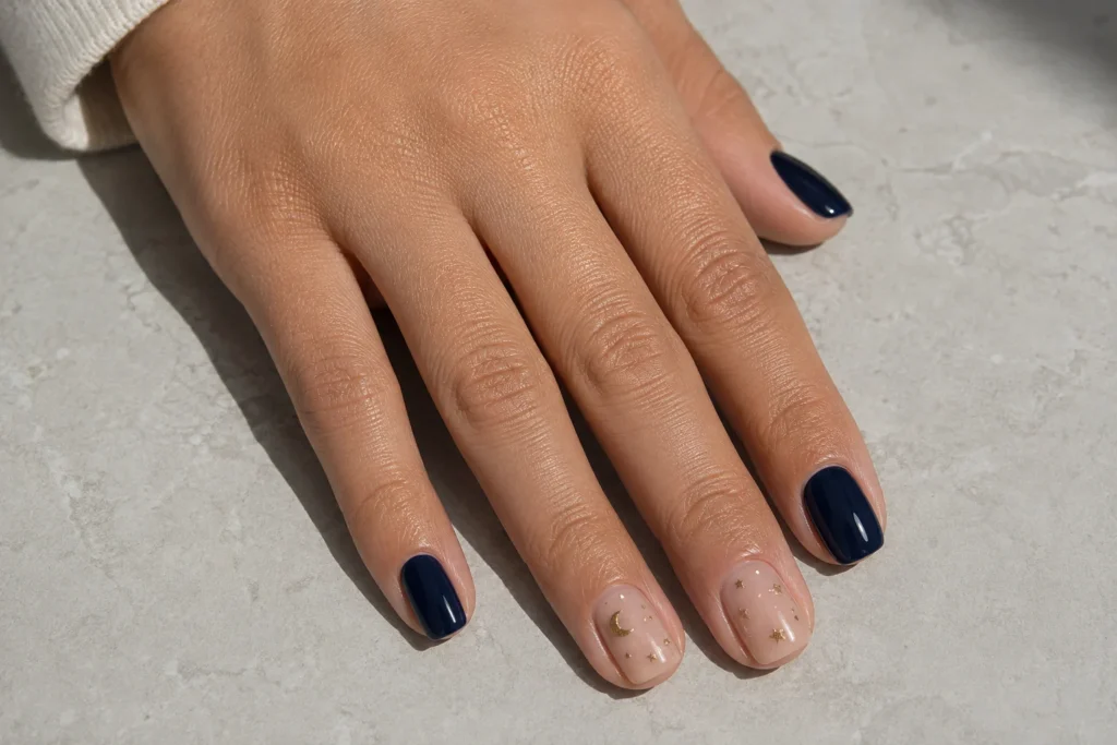 Short nail designs with miniature stars and crescent moons in navy and gold