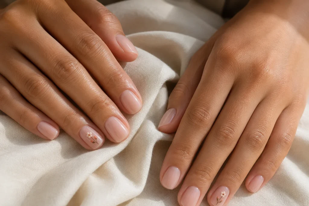 Short nail designs with miniature flowers over translucent nude polish