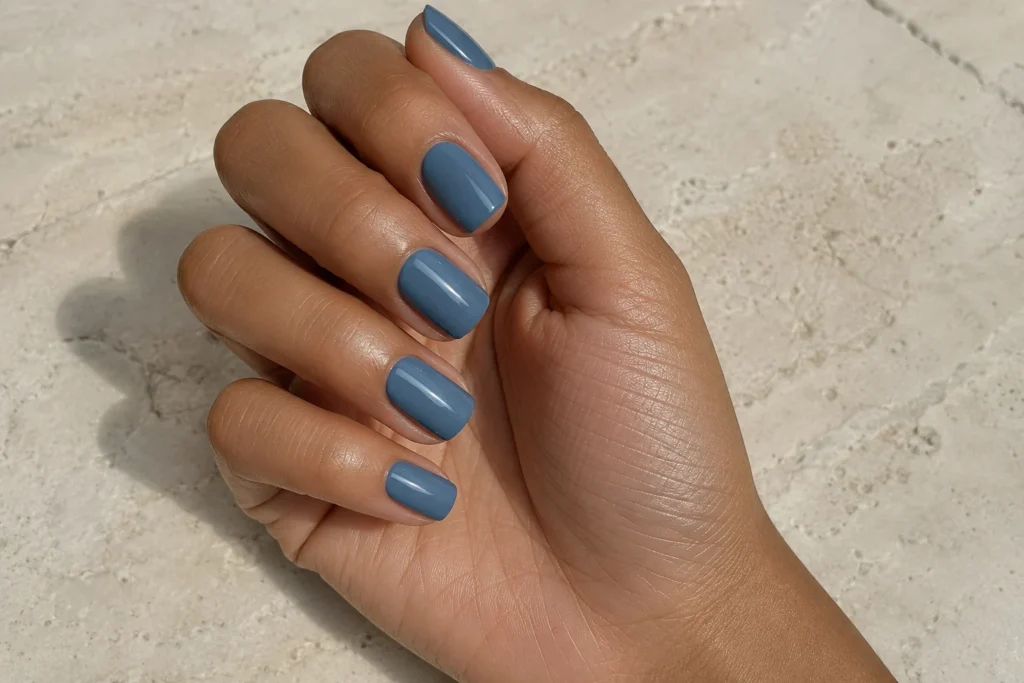 Short squoval nails painted glossy muted denim blue