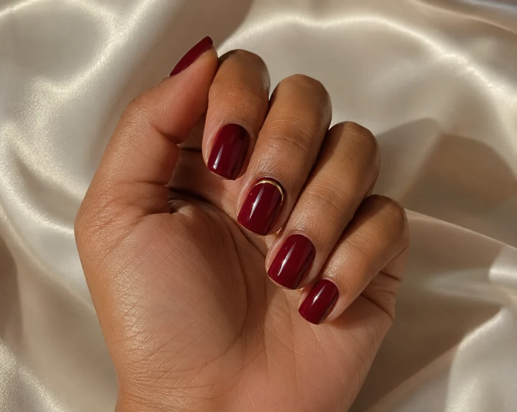 Short cherry-red nails with a fine champagne-gold cuticle accent