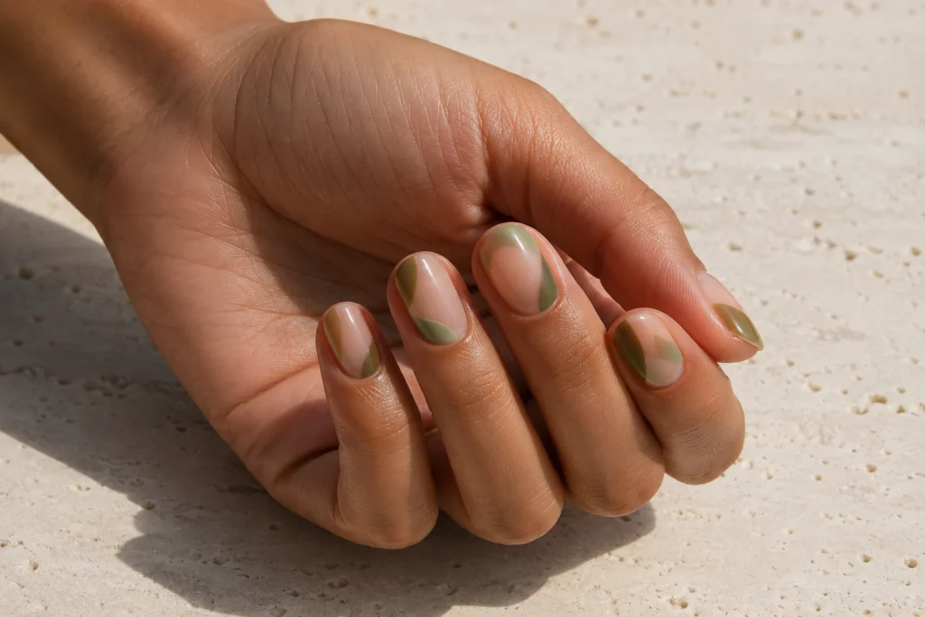 Short nail designs with muted sage and olive negative-space curves