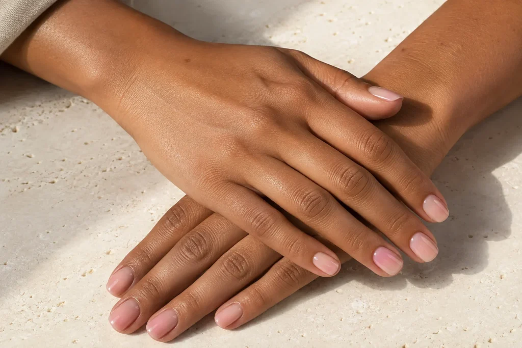 Short oval nails with a seamless soft pink ombré manicure