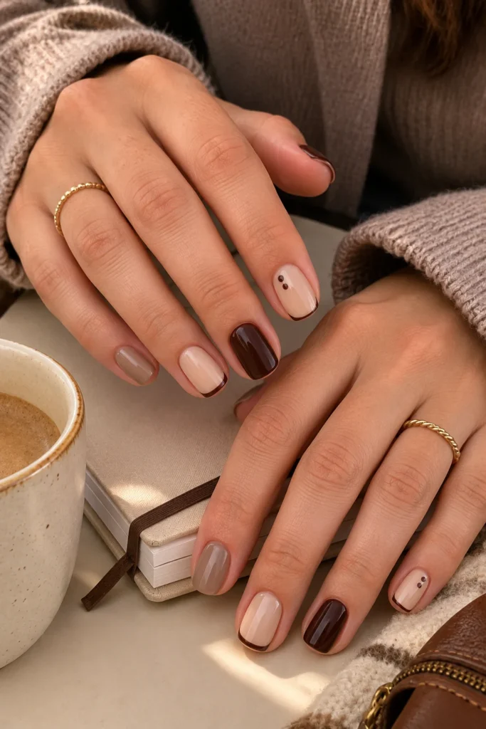 25 Fall Nail Design Ideas to Try in Fall 2026 Short simple fall nail designs with brown and burgundy details