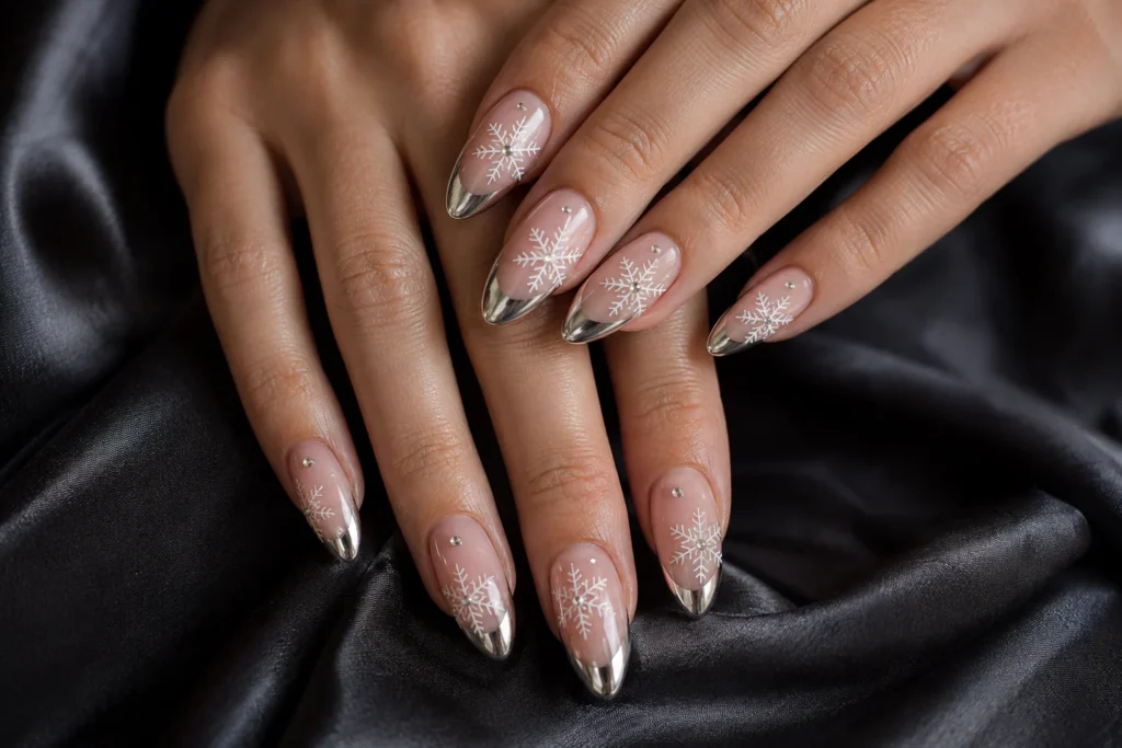 Silver chrome French nails with white snowflakes and crystal accents