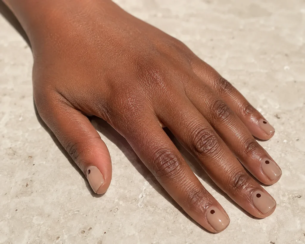 Beginner-friendly negative-space design with evenly scaled cuticle dots.
