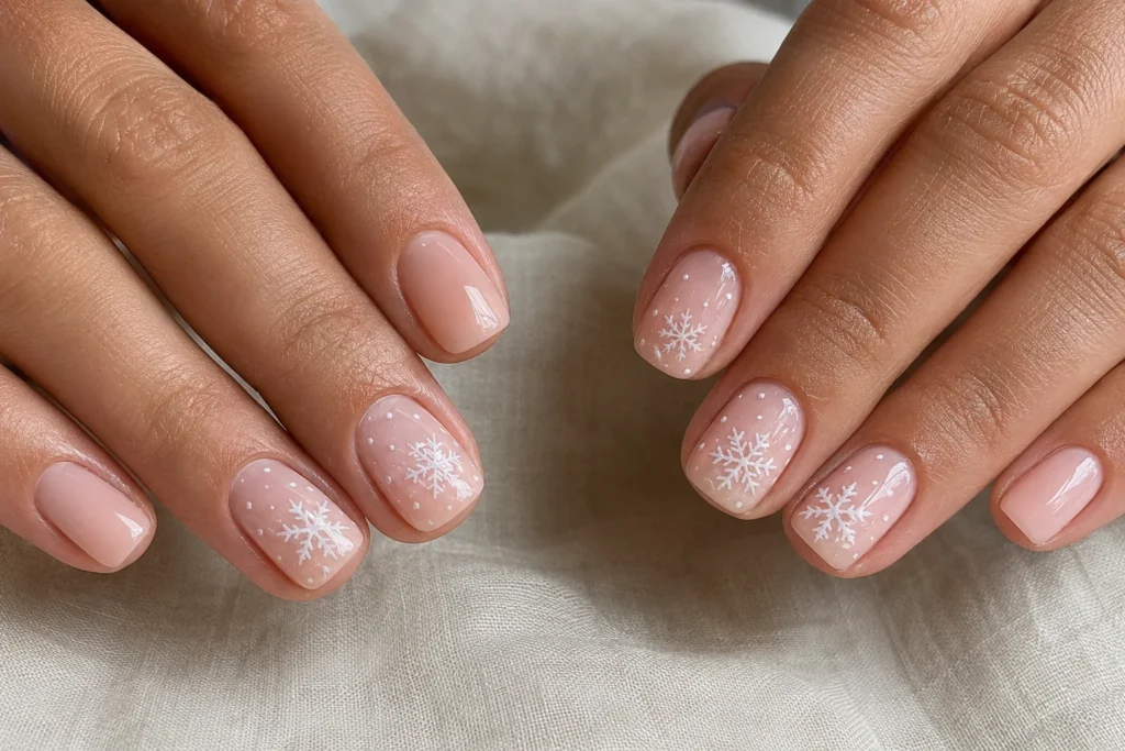 Short sheer nude nails with delicate white snowflakes