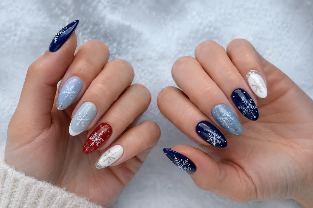Snowflake nail designs in icy blue, red, nude and midnight-blue colors