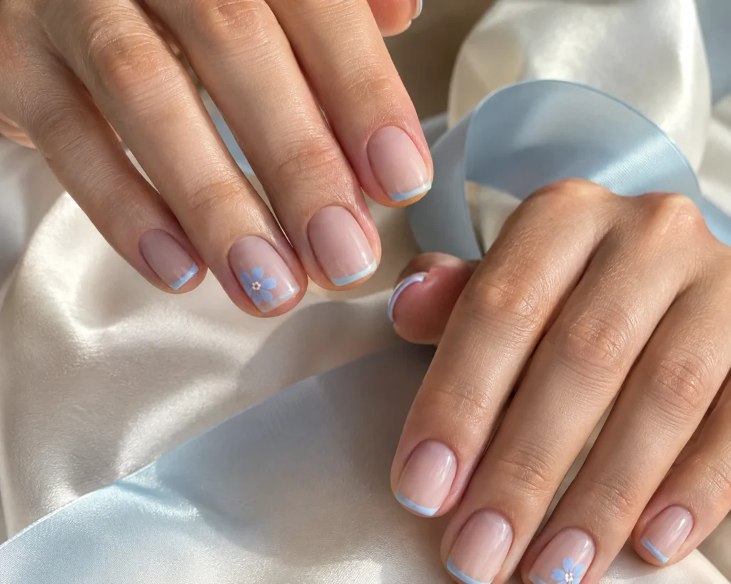 17+ Wedding Nails That Feel Elegant, Personal and Picture-Perfect Something-blue wedding nails with powder-blue French tips
