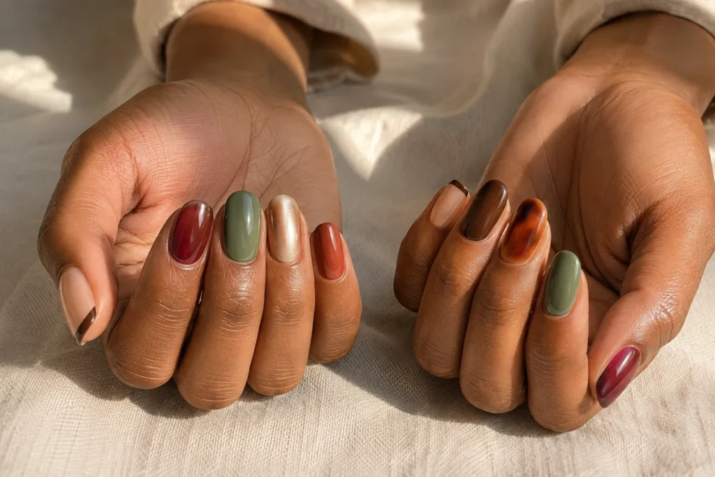 17+ Summer to Fall Transition Nails for the Perfect Seasonal Balance Summer to fall transition nails in berry, sage, caramel, terracotta and chocolate
