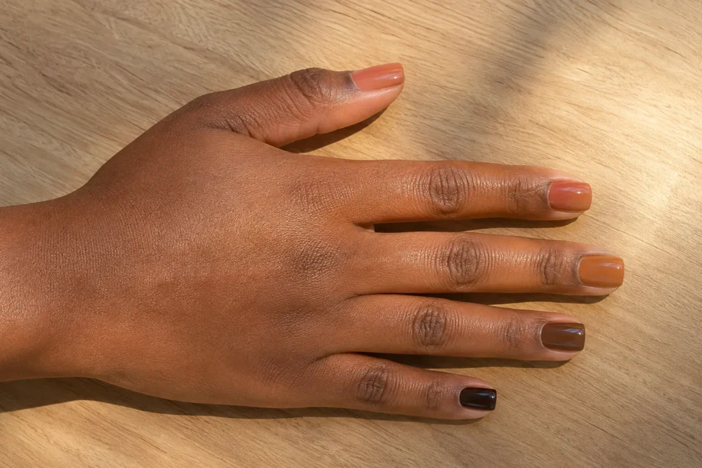 17+ Summer to Fall Transition Nails for the Perfect Seasonal Balance Tonal peach, caramel and mocha summer to fall transition nails