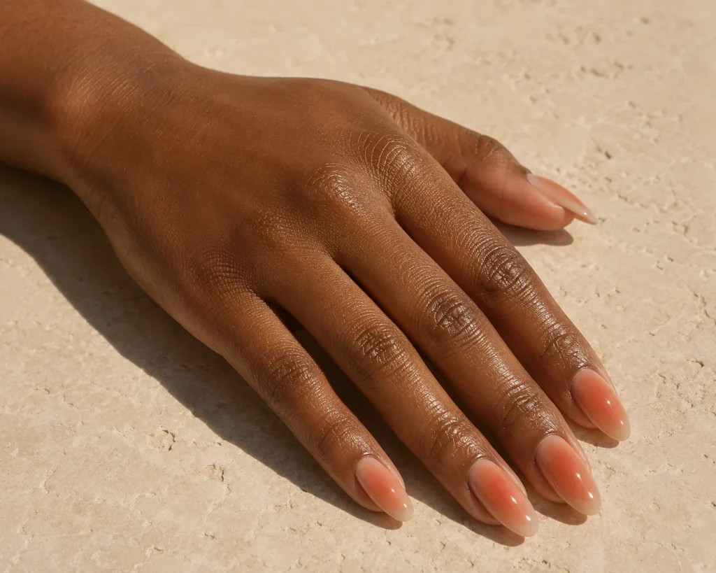 17+ Summer to Fall Transition Nails for the Perfect Seasonal Balance Terracotta aura nails over translucent nude polish