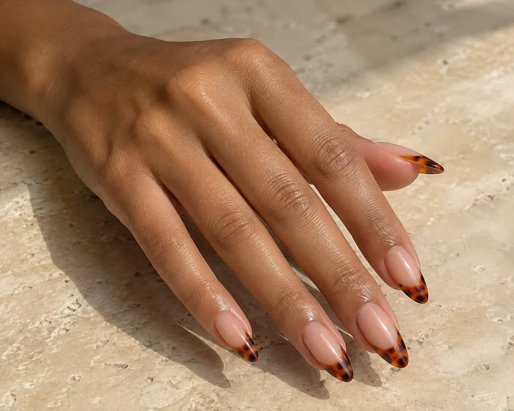 17+ Summer to Fall Transition Nails for the Perfect Seasonal Balance Layered amber and chocolate tortoiseshell French-tip nails
