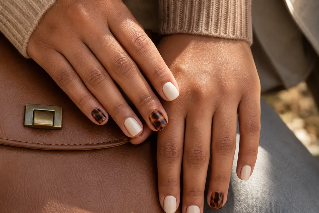 17+ Old Money Nails That Make Quiet Luxury Look Effortless Chocolate old money nails with translucent amber tortoiseshell accents.