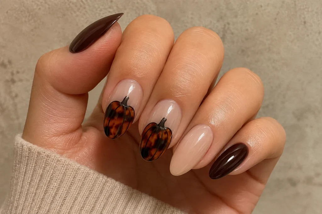 19+ Pumpkin Nails for a Chic and Playful Fall Manicure tortoiseshell pumpkin nails