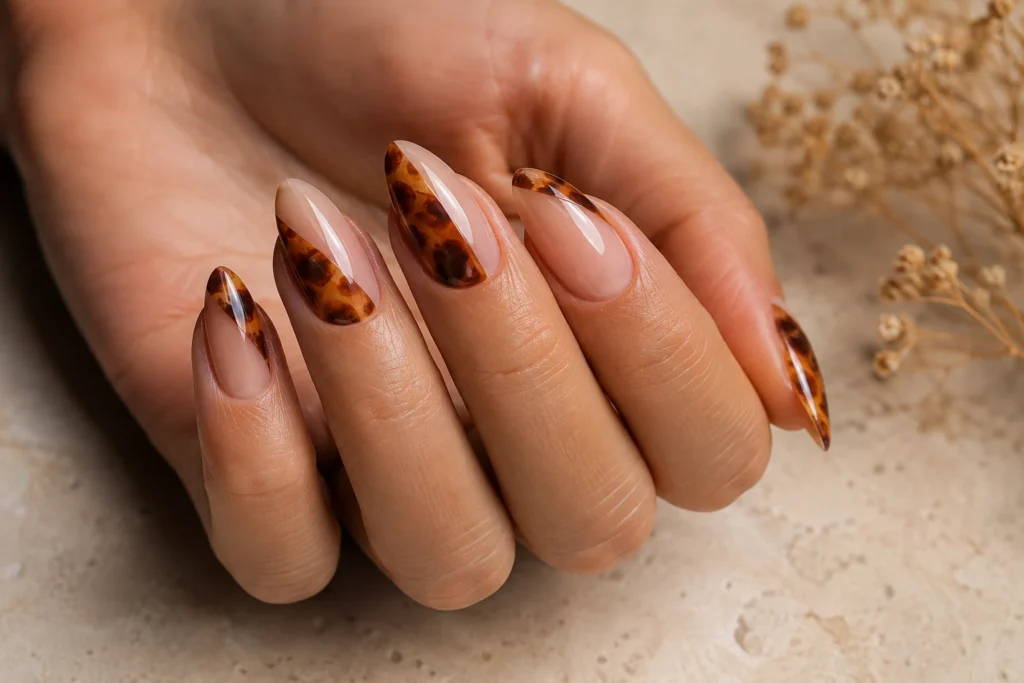 17 September Nail Ideas for a Stylish Start to Fall Sheer nude nails with split tortoiseshell nail art