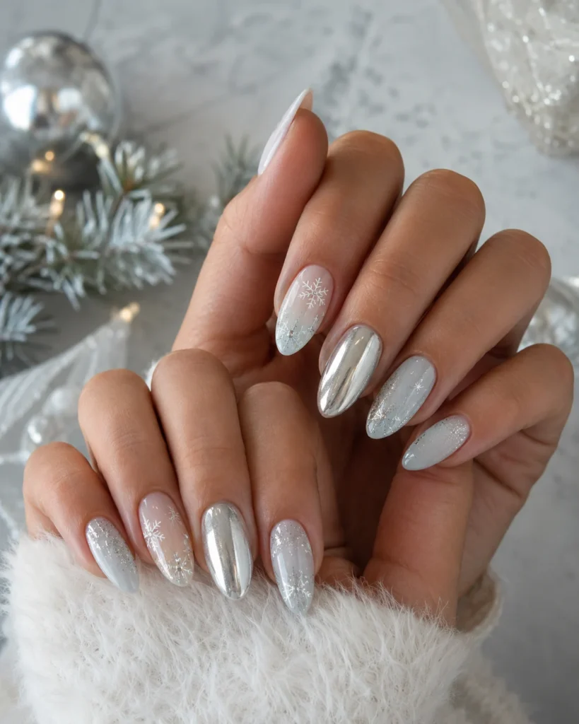 25 Christmas Nail Design That Feel Festive, Chic, and Beautiful Winter Christmas nails with white snowflakes and icy blue details