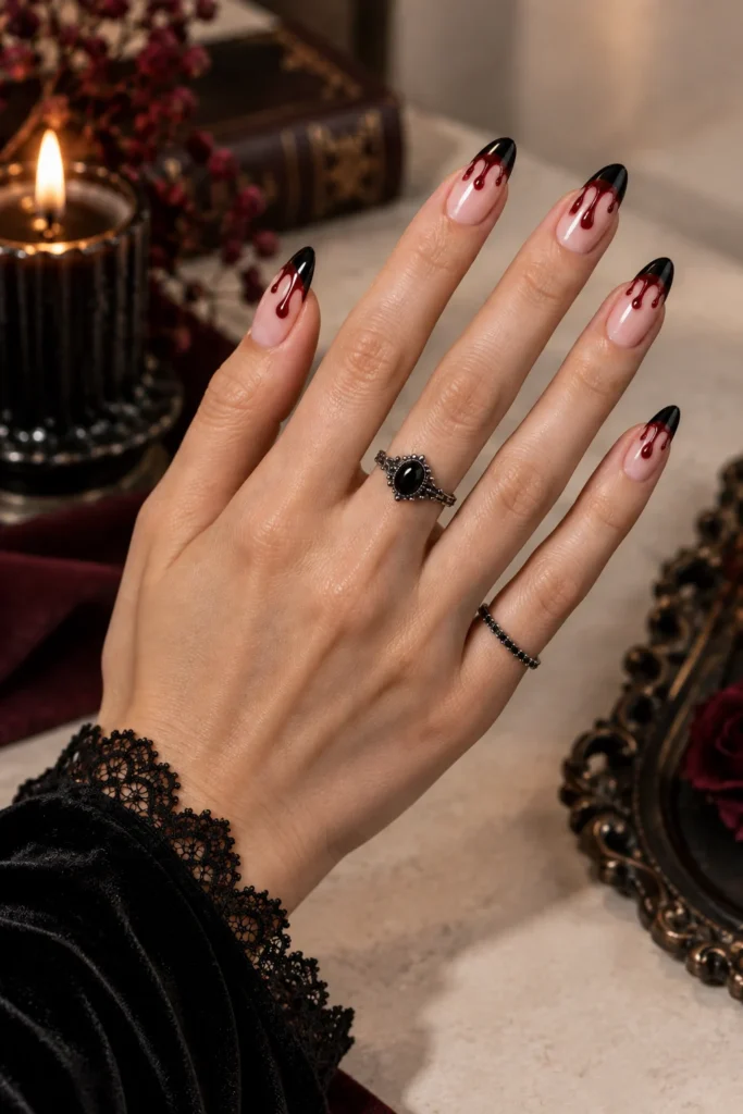 5+ Halloween Blood Drip Nails for a Vampy Manicure Medium almond nails with black French tips and glossy crimson blood-drip nail art