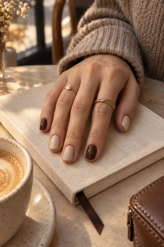 5 Short Simple Fall Nails for an Easy Autumn Manicure Short simple fall nails with glossy chocolate brown accents and creamy nude polish.