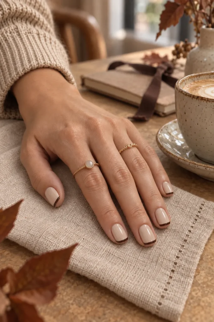 5 Short Simple Fall Nails for an Easy Autumn Manicure Short creamy nude nails with thin chocolate brown French tips in a warm autumn café setting.