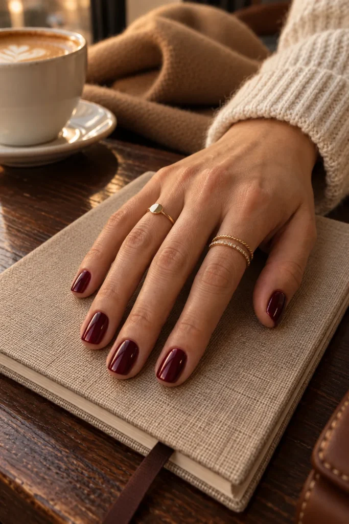 5 Short Simple Fall Nails for an Easy Autumn Manicure Short glossy taupe squoval nails on a slender hand with a delicate ring and cozy cream knit fabric.