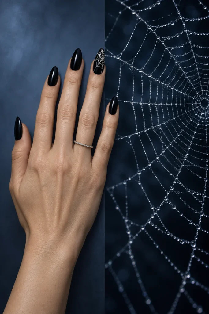 10+ Creative Halloween Nail Designs Inspired by Spooky Details Creative Halloween Nail Designs Glossy black almond nails with a silver spiderweb accent beside a silver-lit web against a midnight-blue background.