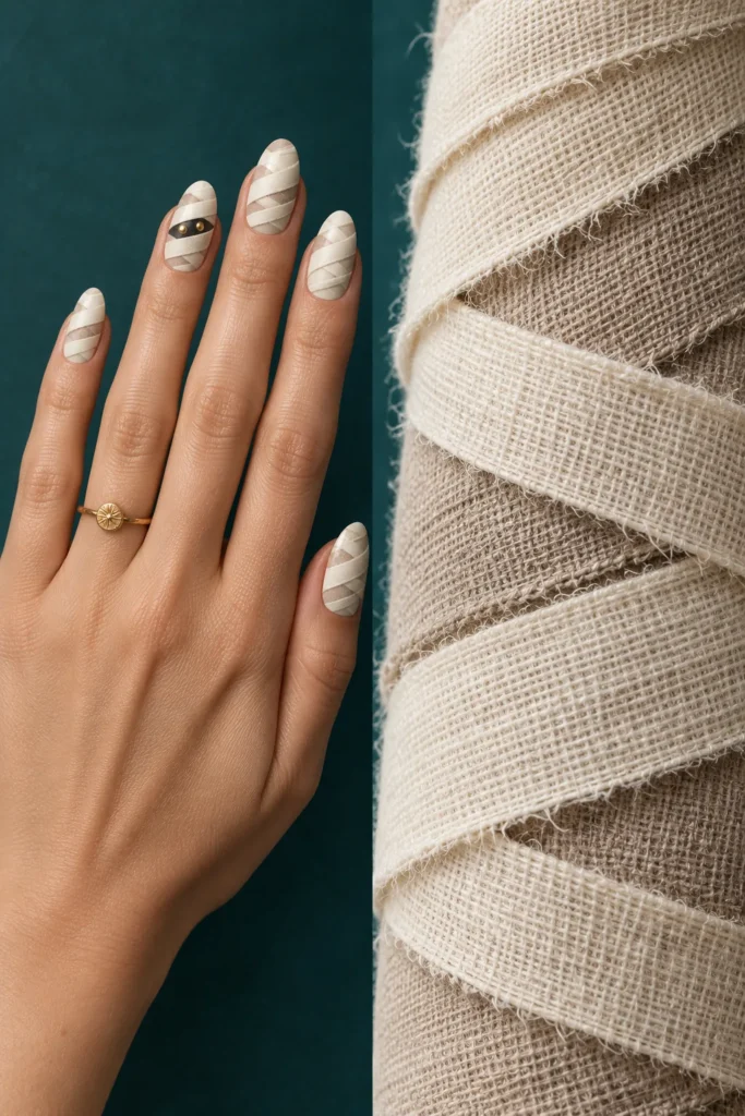 10+ Creative Halloween Nail Designs Inspired by Spooky Details Creamy ivory almond nails with diagonal mummy-wrap stripes and tiny eye details beside layered antique linen.