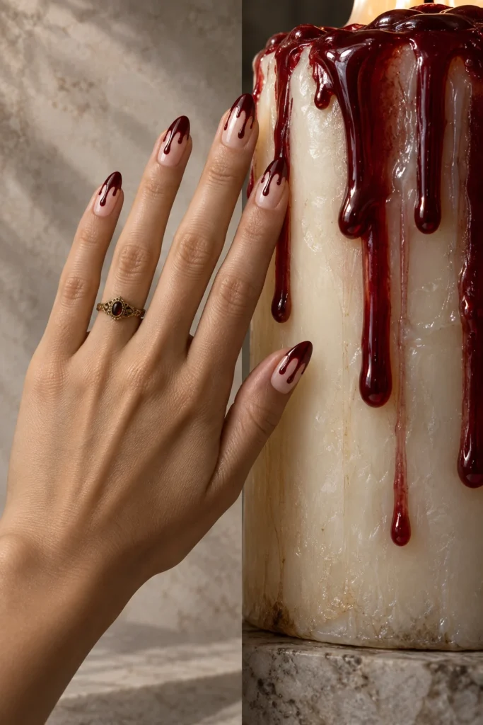 10+ Creative Halloween Nail Designs Inspired by Spooky Details Sheer nude almond nails with oxblood-red drips beside burgundy wax flowing down an ivory candle.