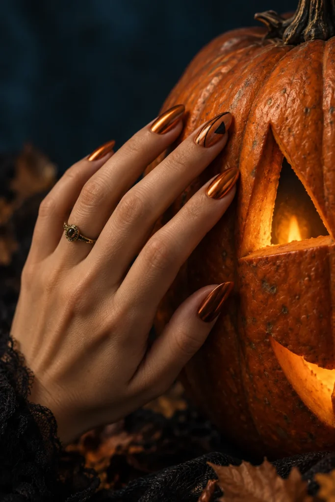 10+ Creative Halloween Nail Designs Inspired by Spooky Details Copper-orange chrome almond nails with a pumpkin-inspired accent beside a glowing carved jack-o’-lantern.