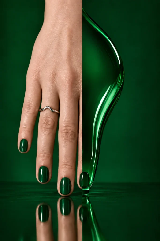 10+ Creative Halloween Nail Designs Inspired by Spooky Details Short glossy emerald-green nails and a silver ring beside a curved stream of green liquid against a deep-green background.