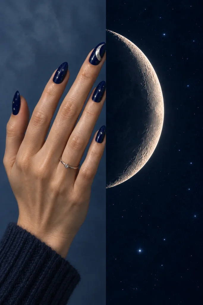 10+ Creative Halloween Nail Designs Inspired by Spooky Details Midnight navy almond nails with silver stars and a crescent-moon accent beside a detailed silver lunar crescent.