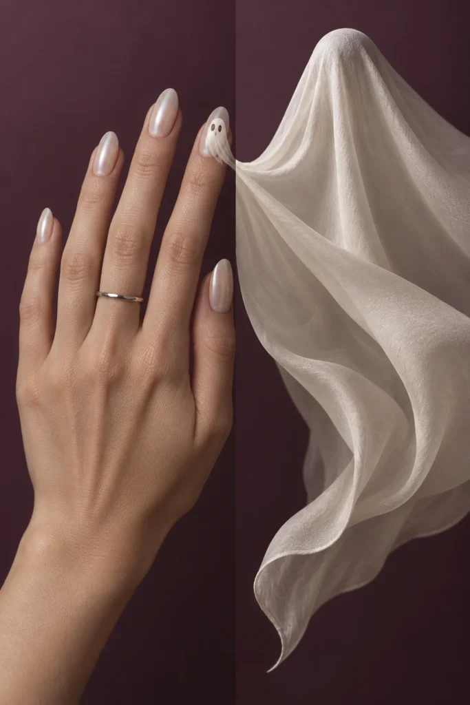 10+ Creative Halloween Nail Designs Inspired by Spooky Details Milky pearl almond nails with a small white ghost accent beside flowing ivory silk against a muted plum background.