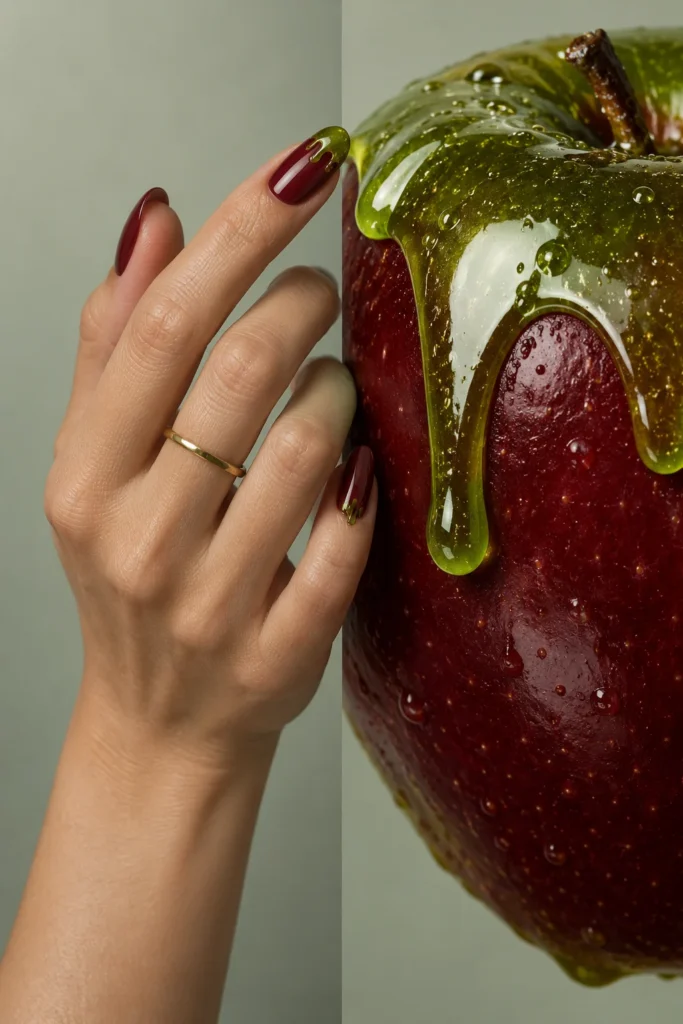 10+ Creative Halloween Nail Designs Inspired by Spooky Details Glossy wine-red almond nails with green drip accents beside a red apple coated in dripping green candy glaze.