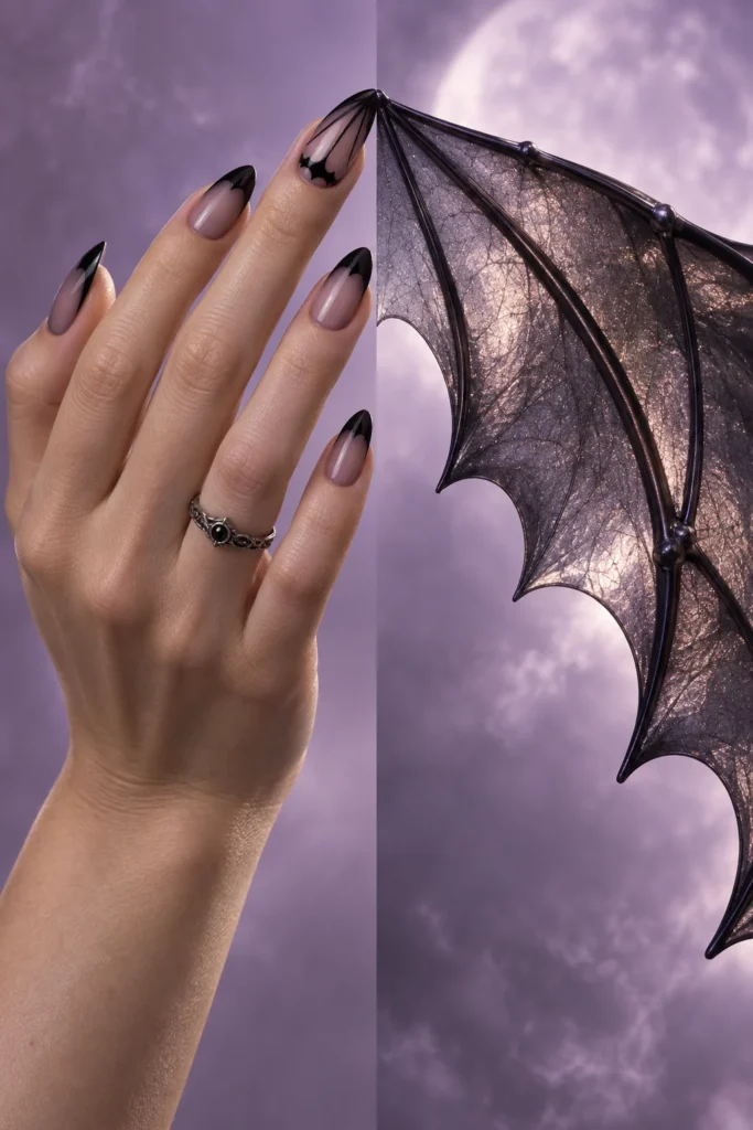 10+ Creative Halloween Nail Designs Inspired by Spooky Details Smoky-mauve almond nails with scalloped black bat-wing French tips beside a black wing sculpture.
