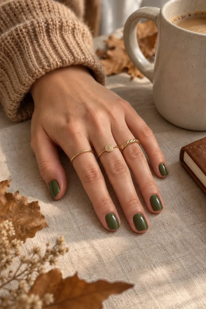 5 Short Simple Fall Nails for an Easy Autumn Manicure Short glossy burgundy squoval nails with a delicate gold ring beside a coffee cup on a fall café table.