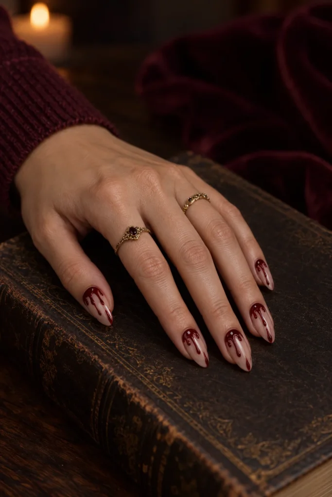 5+ Halloween Blood Drip Nails for a Vampy Manicure Nude almond Halloween nails with delicate asymmetrical oxblood-red drips