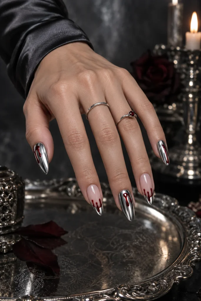 5+ Halloween Blood Drip Nails for a Vampy Manicure Silver chrome Halloween blood drip nails with nude accents and deep-red artwork