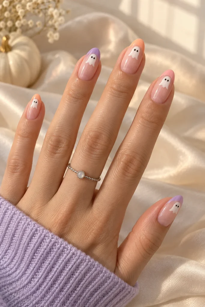 7+ Cute Halloween Nails for a Playful Spooky Manicure Pastel French-tip cute Halloween nails with tiny white ghosts