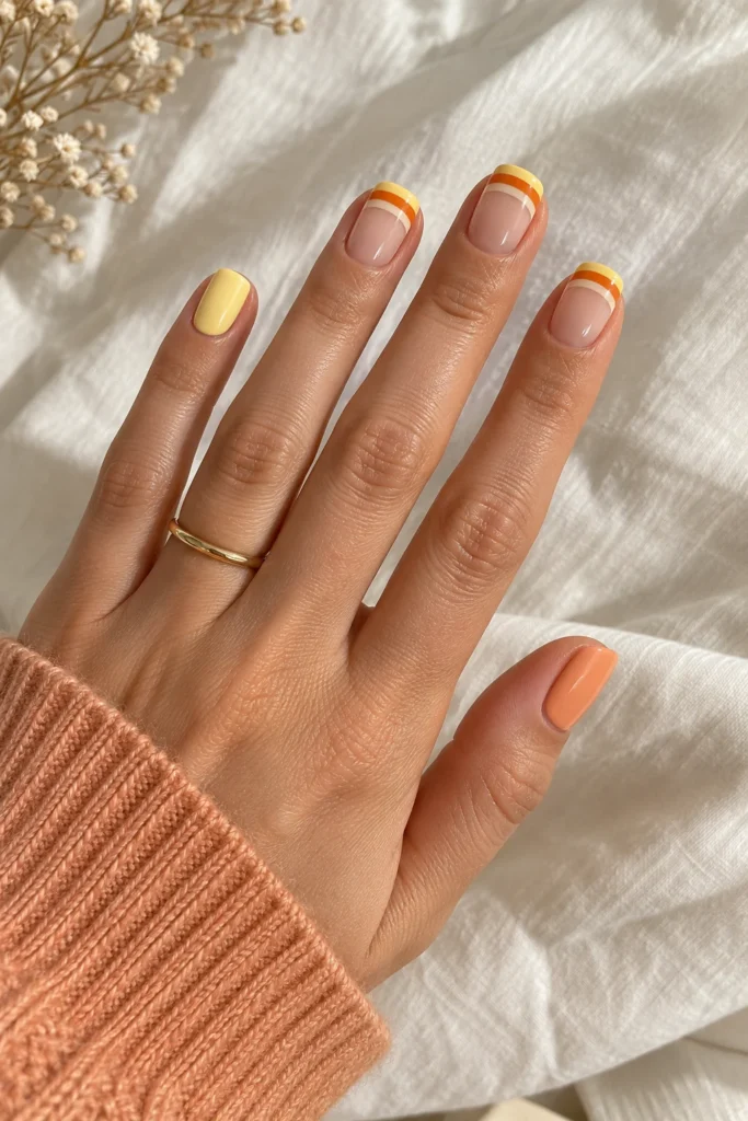 7+ Cute Halloween Nails for a Playful Spooky Manicure Short nude Halloween nails with cream orange and yellow candy-corn tips