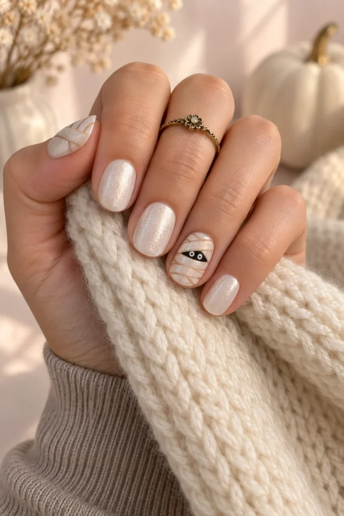 7+ Cute Halloween Nails for a Playful Spooky Manicure Pearly ivory cute Halloween nails with a friendly mummy accent