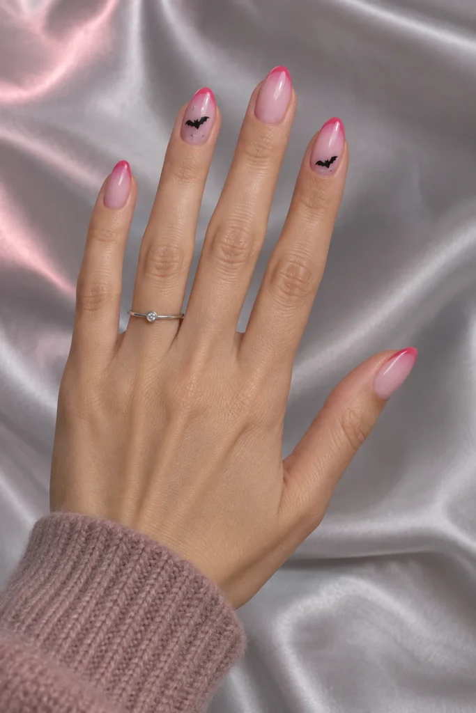 7+ Cute Halloween Nails for a Playful Spooky Manicure Pink French-tip cute Halloween nails with tiny black bats and silver stars