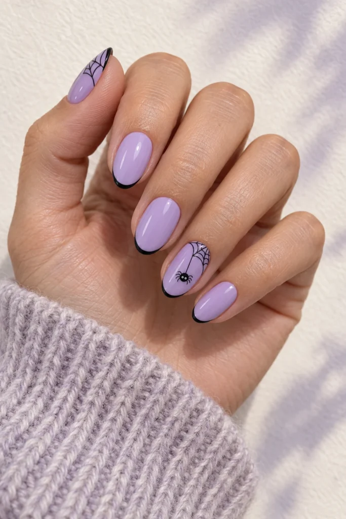 7+ Cute Halloween Nails for a Playful Spooky Manicure Milky-lilac cute Halloween nails with a friendly spider and corner web