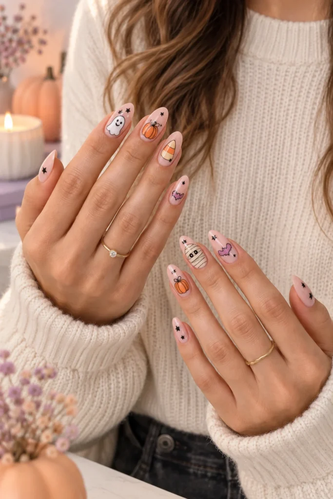 7+ Cute Halloween Nails for a Playful Spooky Manicure Cute Halloween mix-and-match nails with ghosts pumpkins bats and candy-corn details