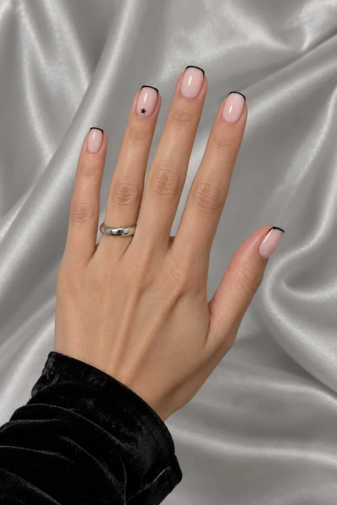 9+ Best Halloween French Tip Nails for a Chic October Manicure Halloween French tip nails with thin black tips and a tiny star.