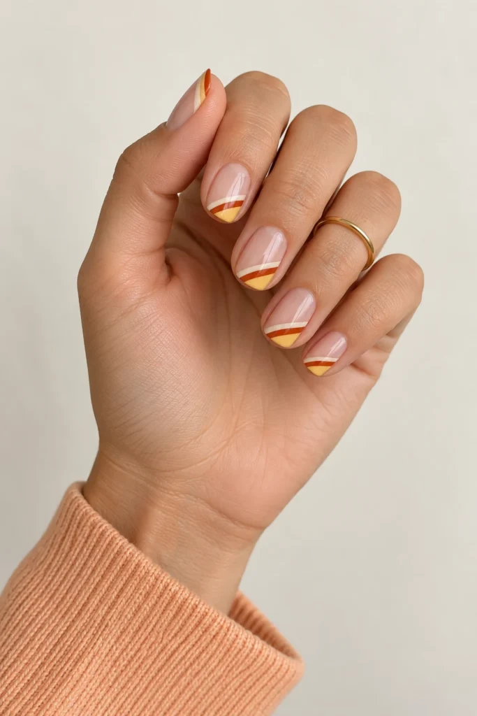9+ Best Halloween French Tip Nails for a Chic October Manicure Halloween French tip nails with cream, orange, and yellow diagonal tips.
