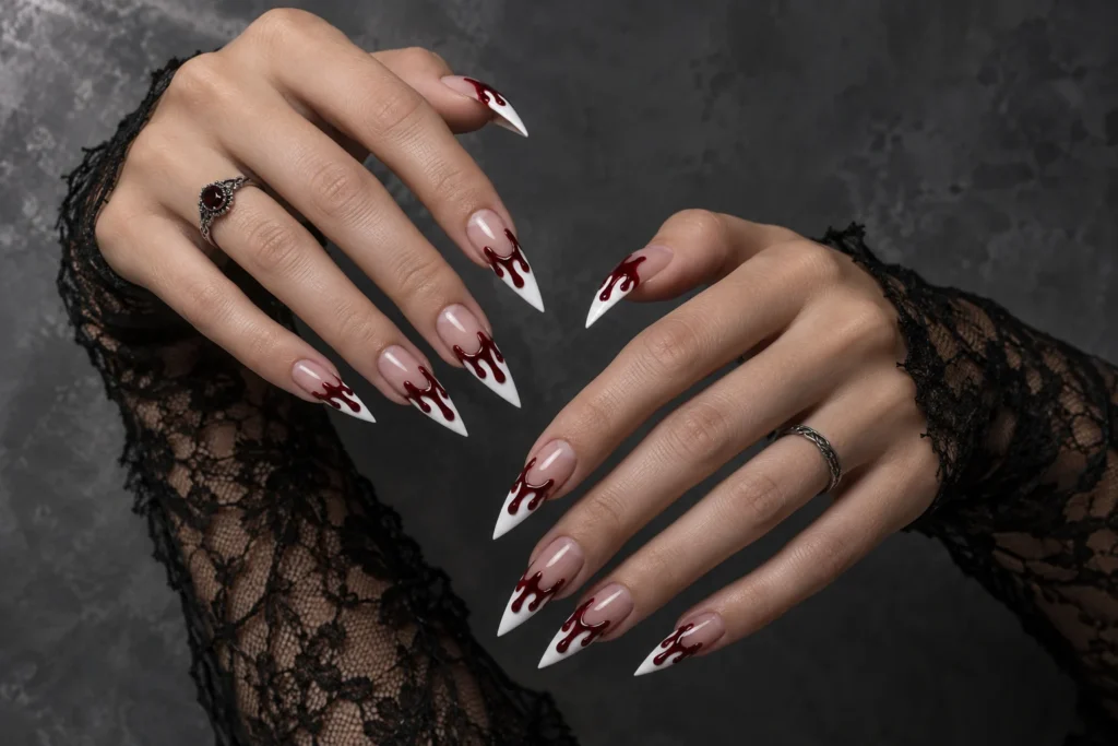 Home Two hands with long white stiletto Halloween blood drip nails featuring glossy oxblood-red artwork