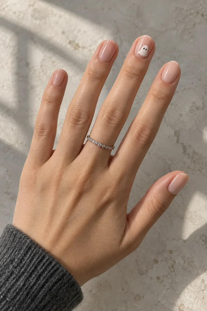 Short simple Halloween nails with one tiny white ghost accent