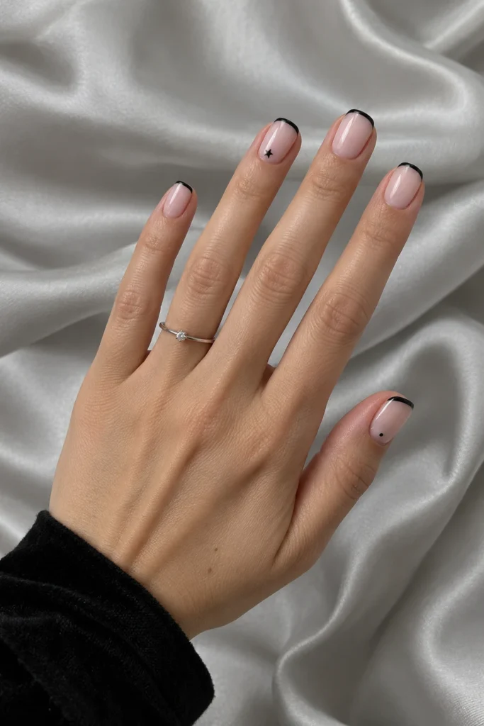 Short simple Halloween nails with black micro-French tips and tiny accents