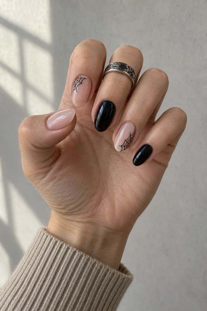 negative-space Halloween nails with fine black corner spiderwebs